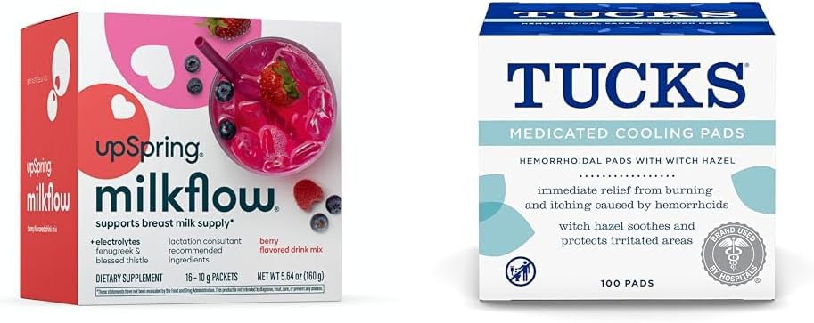 UpSpring 牛奶流 电解质 母乳喂养补充 饮料混合 Fenugreek QQ Berry Flavor 16 饮料混合 + TUKS 药品 冷却垫, 100 个数