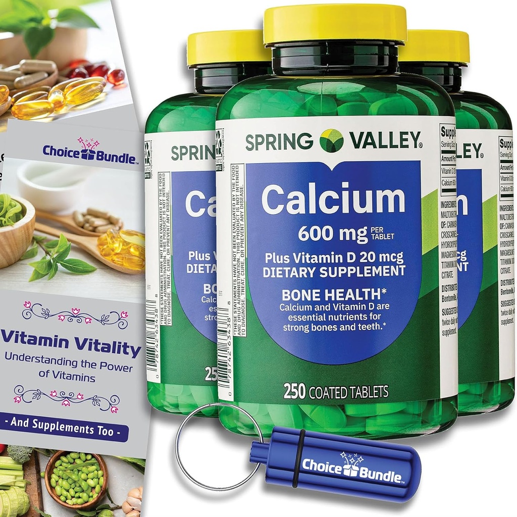 Choice Bundle Spring Valley Calcium + 维生素D 片600 mg 250 Ct 3 pk(750 共计) + “维生素生命力”指南和药剂容器(5个项目)!