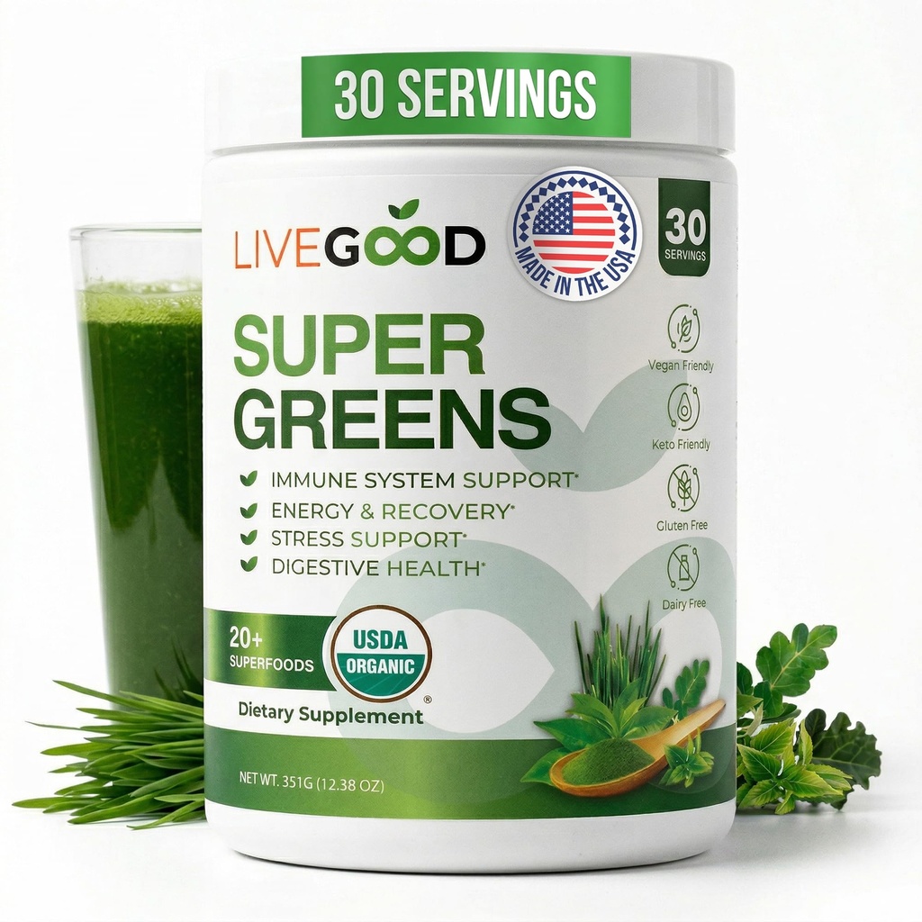 Live Good Super Greens Powder 有机超级食品与小麦草粉,每日超食品粉用于免疫支持,能源与解毒,绿汁粉补充品(30种服务),12.38 Oz