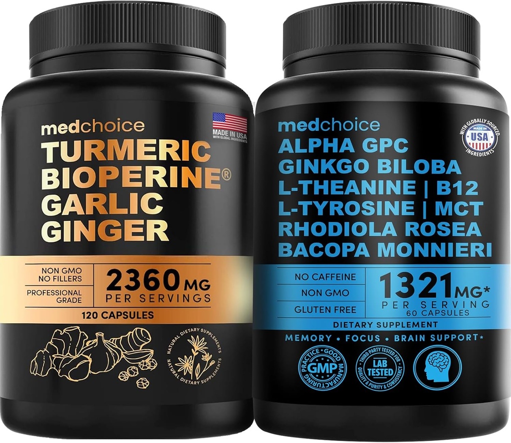 MEDCHOICE Turmeric & Ginger (120ct) and Nootropic Brain (60ct) Supplement Bundle - Wellness Duo for Joint, Digestion, Brain, & Mood Support - Vegan, Non-GMO, Gluten-Free