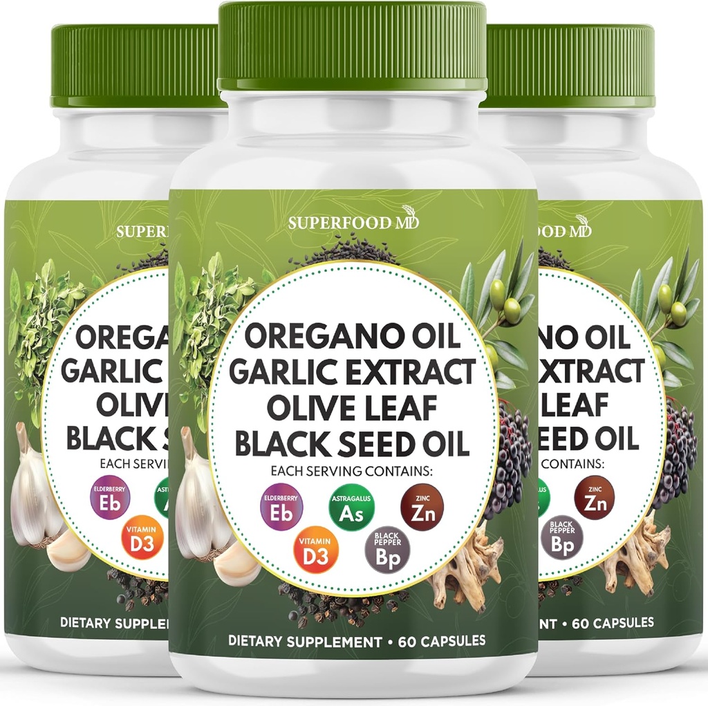 Oregano Oil Garlic 榨取橄榄叶 黑种子 油 Astragalus - 男女免疫辅助剂 - 180