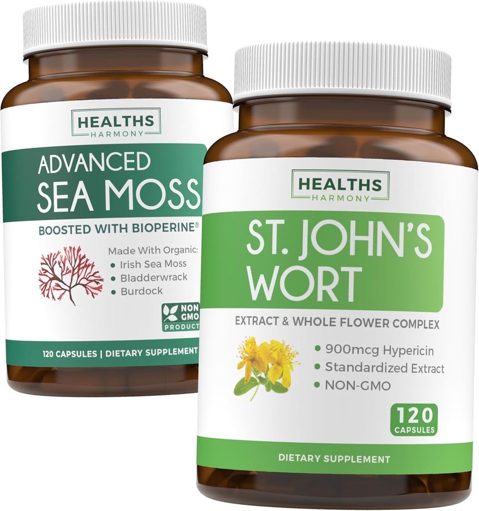 Sea Moss & St. John's Wort (2-Month Supplement) Mood Moss Blend - 有机爱尔兰海 Moss - Raw Vegan 补编 (120 Caps) & St John Wort with Powerful 900mcg Hypericin Vegan Non-GMO (120 Capsules) (英语).