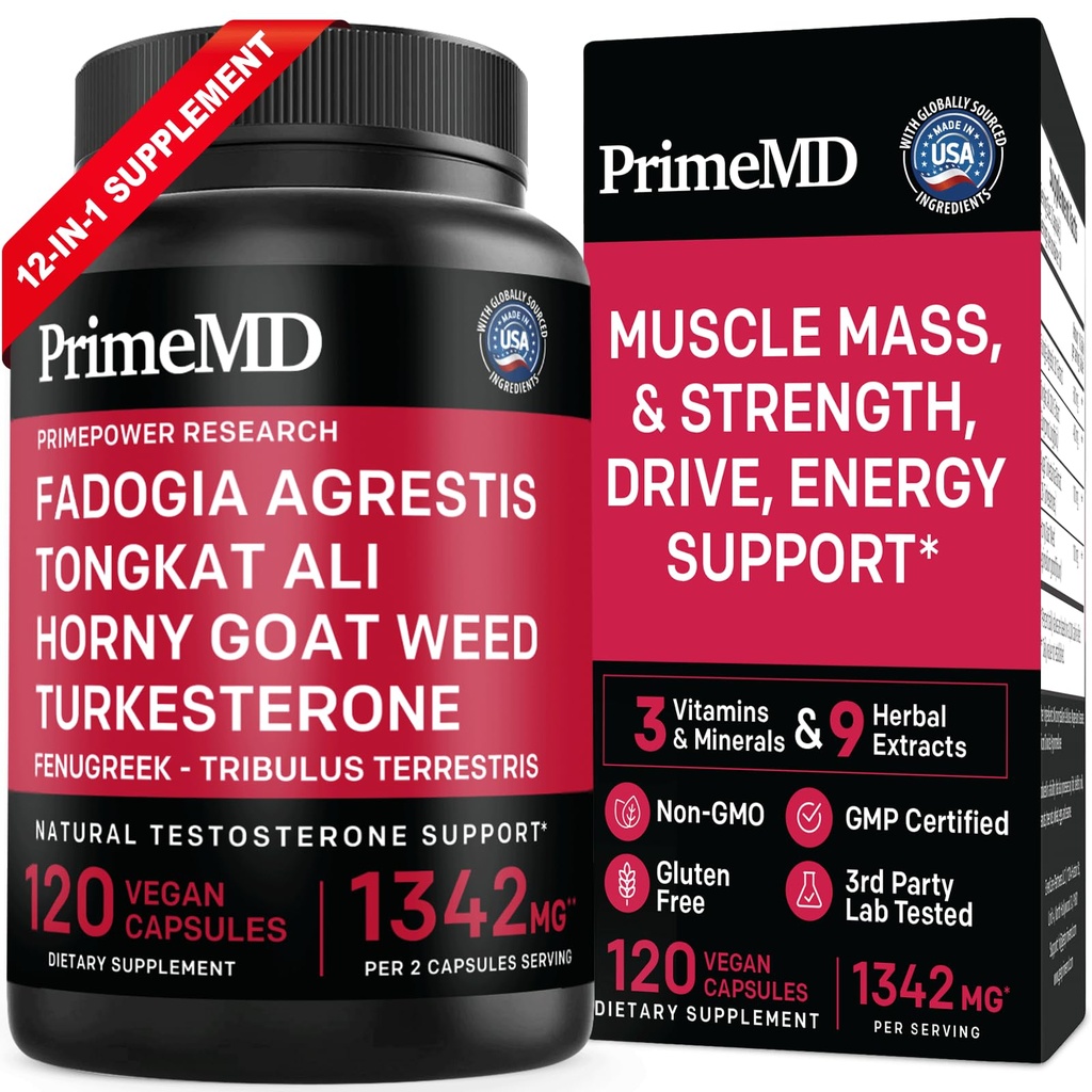 PrimeMD 12 in-1 Fadogia Agrestis和Tongkat Ali -- -- 带有突厥酮的男子的睾丸激素补充剂 -- -- 人类的黄羊网 -- -- 用于总体福祉,每人为1 342毫克(120卡普勒斯)(第1页)
