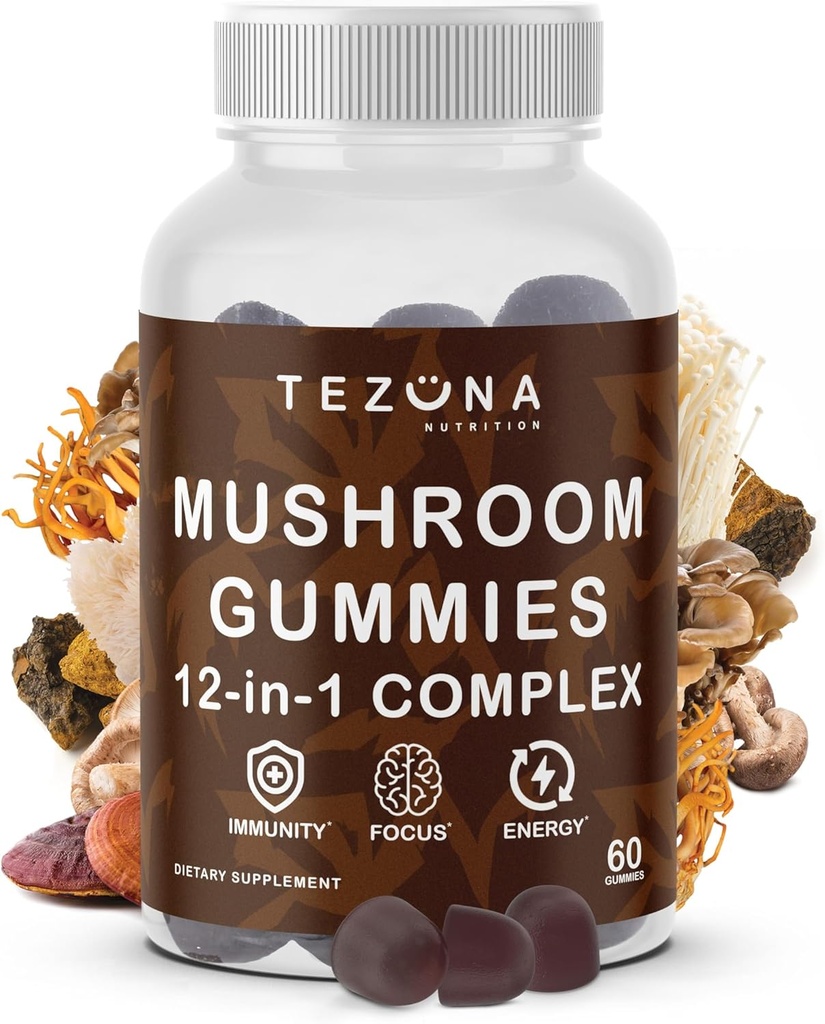 蘑菇Gummys 2 Pack, 12 in-1 Complex Supplement 3000mg - Lions Mane, Turkey Tail, Reishi, Cordyceps, Mushrooms 提取 - 记忆和焦点的诺诺氏大脑补编, 布尔豁免和能源