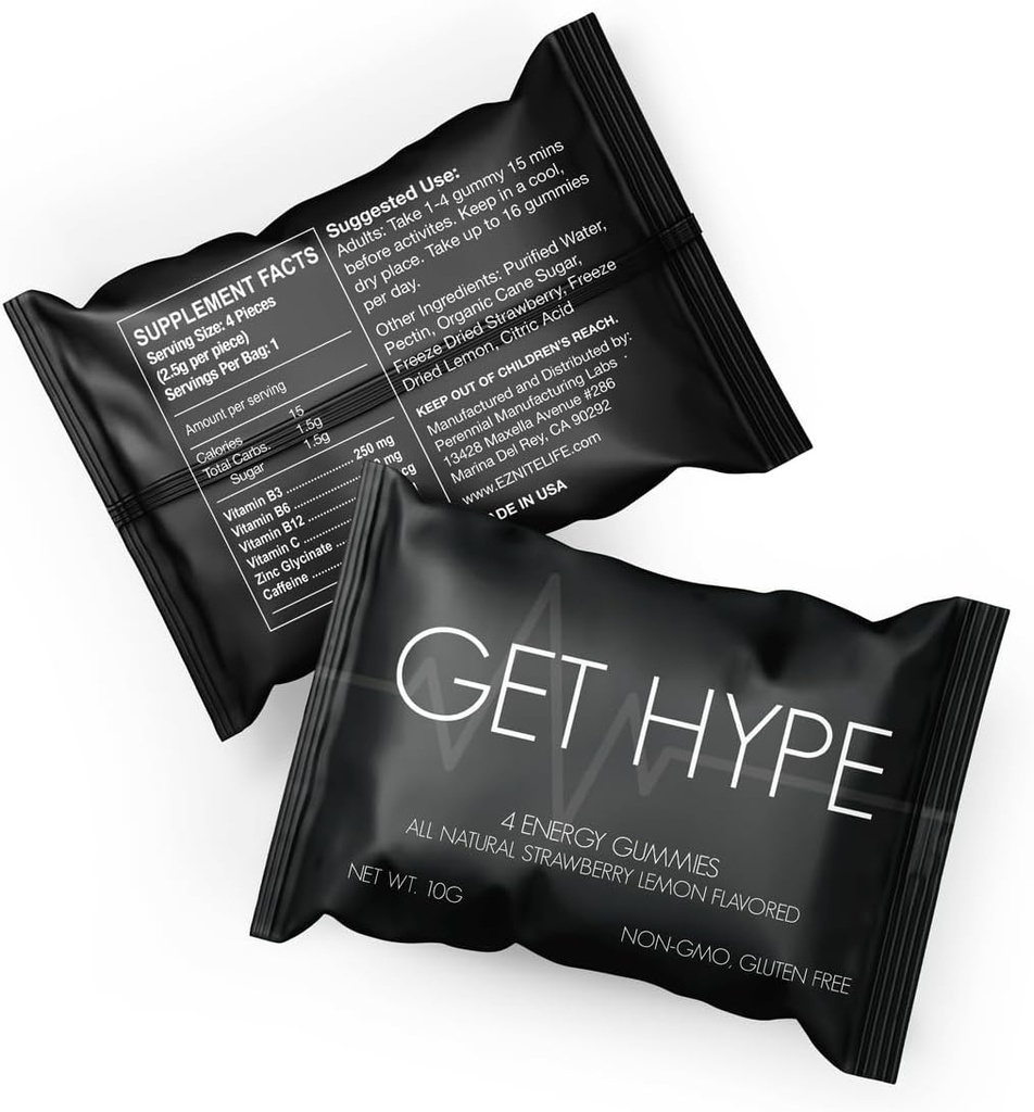 Get Hype Energy Gummys QQ Vegan, Non-GMO, Gluten-Free Energy Supplement with Cafeine, Vitamin B12, B6, Vitamin C & Zinc QQ Boost Focus, Mental Clarity & Energy QQQ 个人包装,包装12