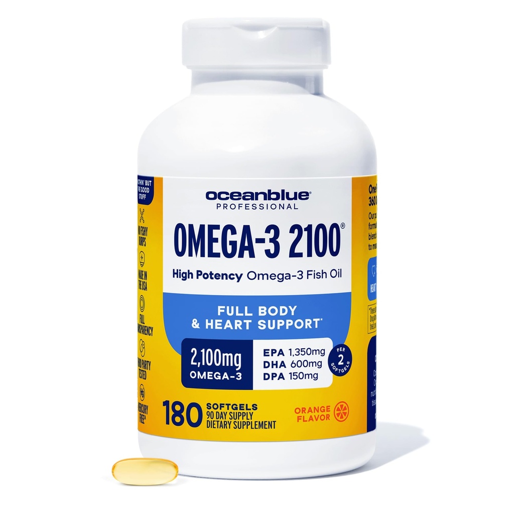 Oceanblue Professional Omega-3 2100 – 180 ct – Triple Strength Burpless Fish Oil Supplement with High-Potency EPA, DHA, DPA – Wild-Caught – Orange Flavor (90 Servings)