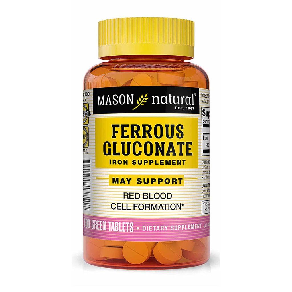 Mason Natural Ferrous Gluconate - 支持红血球形成,胃铁补充品上的温柔,100块平板