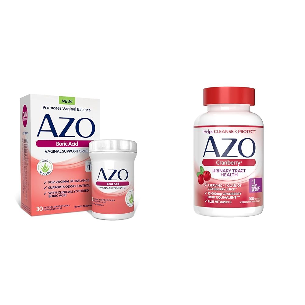 AZO Boric Acid 阴道用品,帮助支持阴道控制和平衡 PH & Cranberry Urinary Tract 健康补充,1 service=1杯Cranberry Juice
