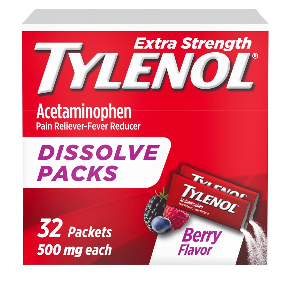 Tylenol Extrastruction 溶解粉末包,500毫克乙酰氨基苯 止痛剂和减烧剂 药物,小痛剂和止痛剂的快速缓解,Ibuprofen-和Aspirin-Free,On-Go Berry Flavor, 32 Ct