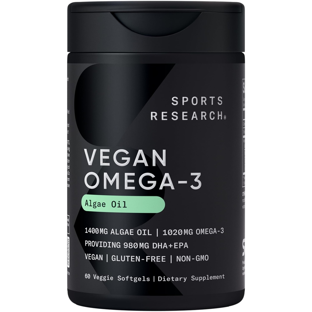 运动研究 Vegan Omega-3 来自藻类石油的鱼油替代品 - Vegan DHA和EPA脂肪酸的最高水平 QQ N-GMO测试和Vegan认证 - 60 Vegie Softgels (Carragenan Free)