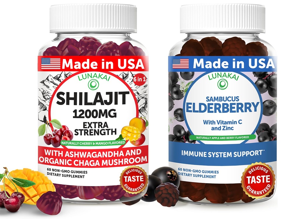 Lunakai 美国制造了Shilajit & Elderberry Gummys Bundle — 能源和免疫支持 — 非GMO和美味