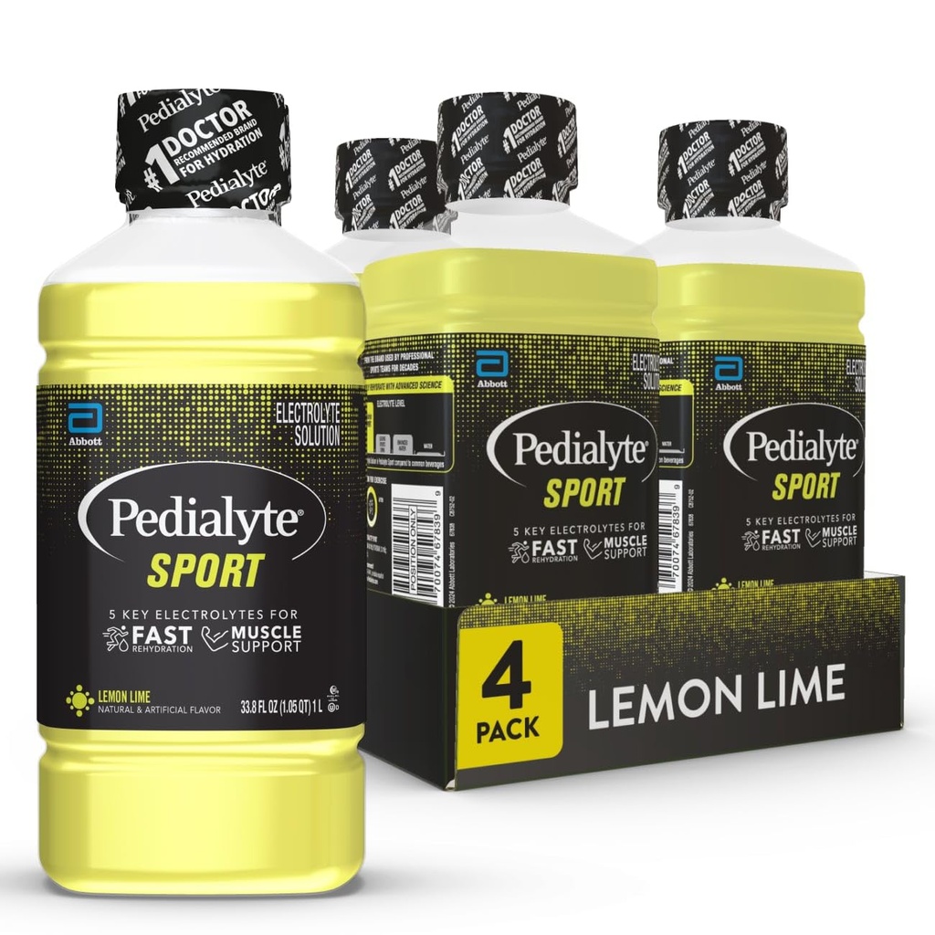 Pedialyte 运动电解质饮用,快速水解 5 键电解质用于肌肉支持 在运动前,期间,和之后,柠檬莱姆, 1升, 包4