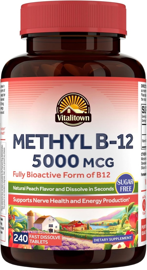 Vitalitown Vitamin B12(Methyl B12) 5000 mcg,全生物活性形态,支持能源生产,天然桃花瓶,零糖,240个快速溶解片