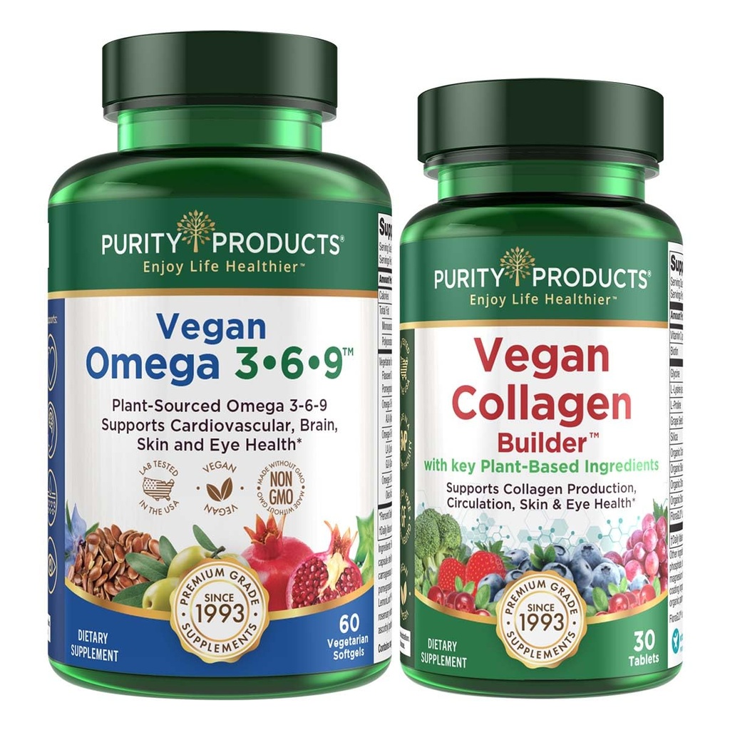 Purity Products Bundle - Vegan Omega 3-6-9 + Vegan Collagen Builder Omega 3-6-9 (“5 in 1” Plant-Based Omega Essential Fatty Acid) - Vegan Collagen Builder (w/Key Plant-Based Ingredients & More)