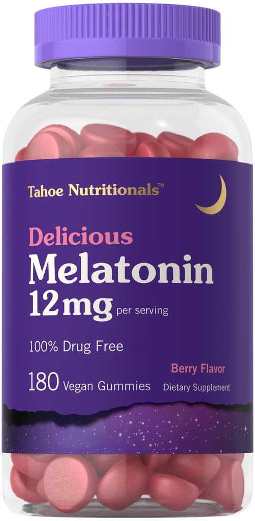 Carlyle Tahoe 营养素 Melatonin Gummys 12mg 180 伯爵 Berry Flavor Gummy 免费药品补充 QQ Vegan, Non-GMO, Gluten Free