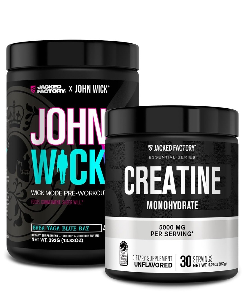 Jacked Factory X John Wick - Wick Mode Pre Workout Powder (Baba Yaga Blue Raz, 40 services) & 克里阿汀单水合物粉(未受欢迎,30 services)