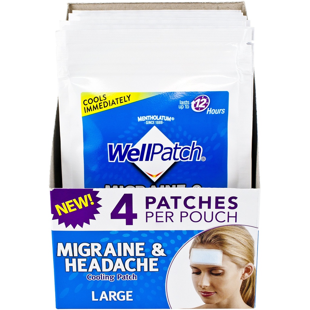 WellPatch Migraine & Headache 冷却补丁 - 禁药,最长12小时,用药安全 - 大补丁(4包4个补丁),每补丁4.3×2英寸