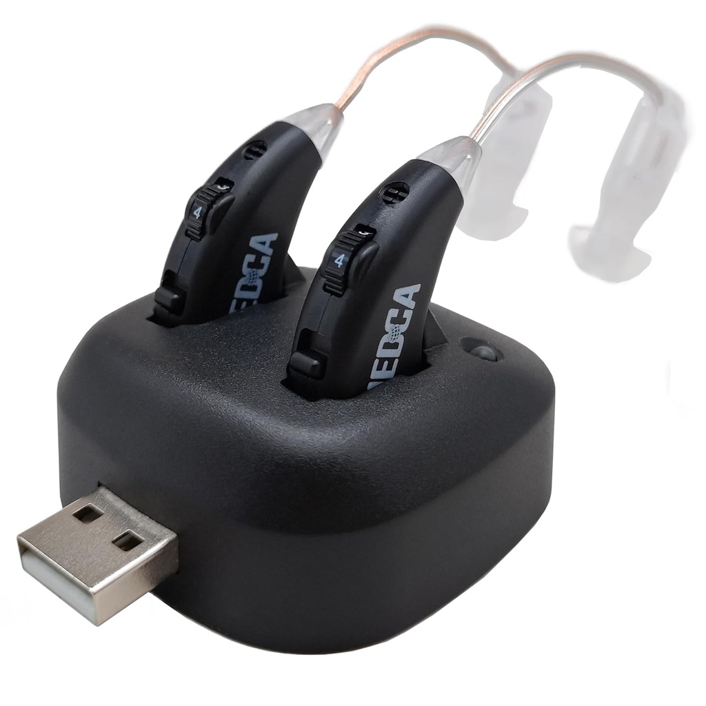 数字听力放大器 - 可充电的 Premium BTE 个人声音放大器 Pair with USB Dock, 耳听增强设备后面有长期电池寿命, 黑色