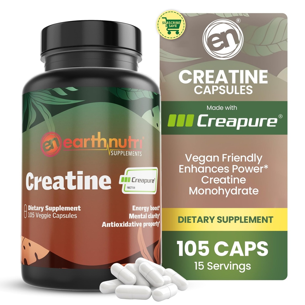 EarthNutri Creatine 单水合物 Capsules - 为更好的吸收而微型化 - 支持肌肉强力、强力和复苏 - 105 Capsules (每架500毫克,7 Capsules)