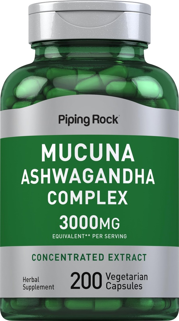 (原始内容存档于2018-12-03) (英语). Piping Rock Mucuna Ashwagandha 3,000mg + 200 Capsules + 200 Capsules + 复杂摘录 女性和男性 → Vegetarian, Non-GMO, Gluten Free