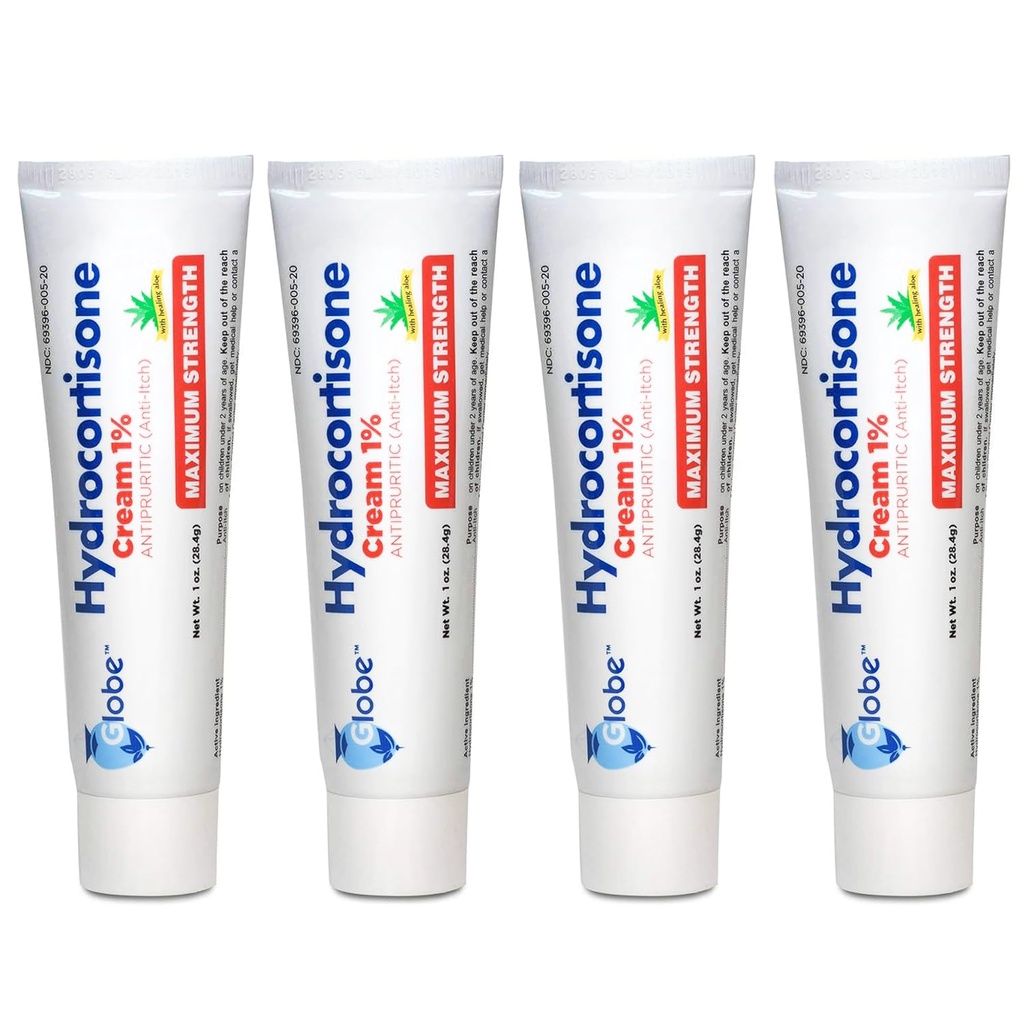 环球( 4 Pack) 氢丙酮 最大强度抗石膏 1% w/ Aloe, 红质强化公式, Rash, Bug & Mosquito Bites, Eczema, Hemorrhoids, 敏感皮肤, 即时Itch Relief, 1 oz Tube