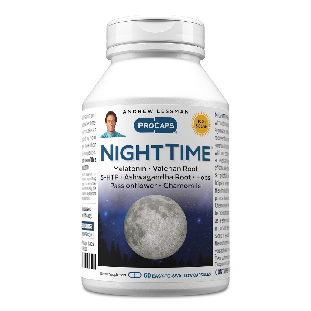 安德烈·莱斯曼夜话60 Capsules - 3mg Melatonin, 瓦莱里安, Ashwagandha, Passionflower, Hops, Chamomile. 无晨食谷. 自然支持,温柔的休息。 容易燕子笼盖