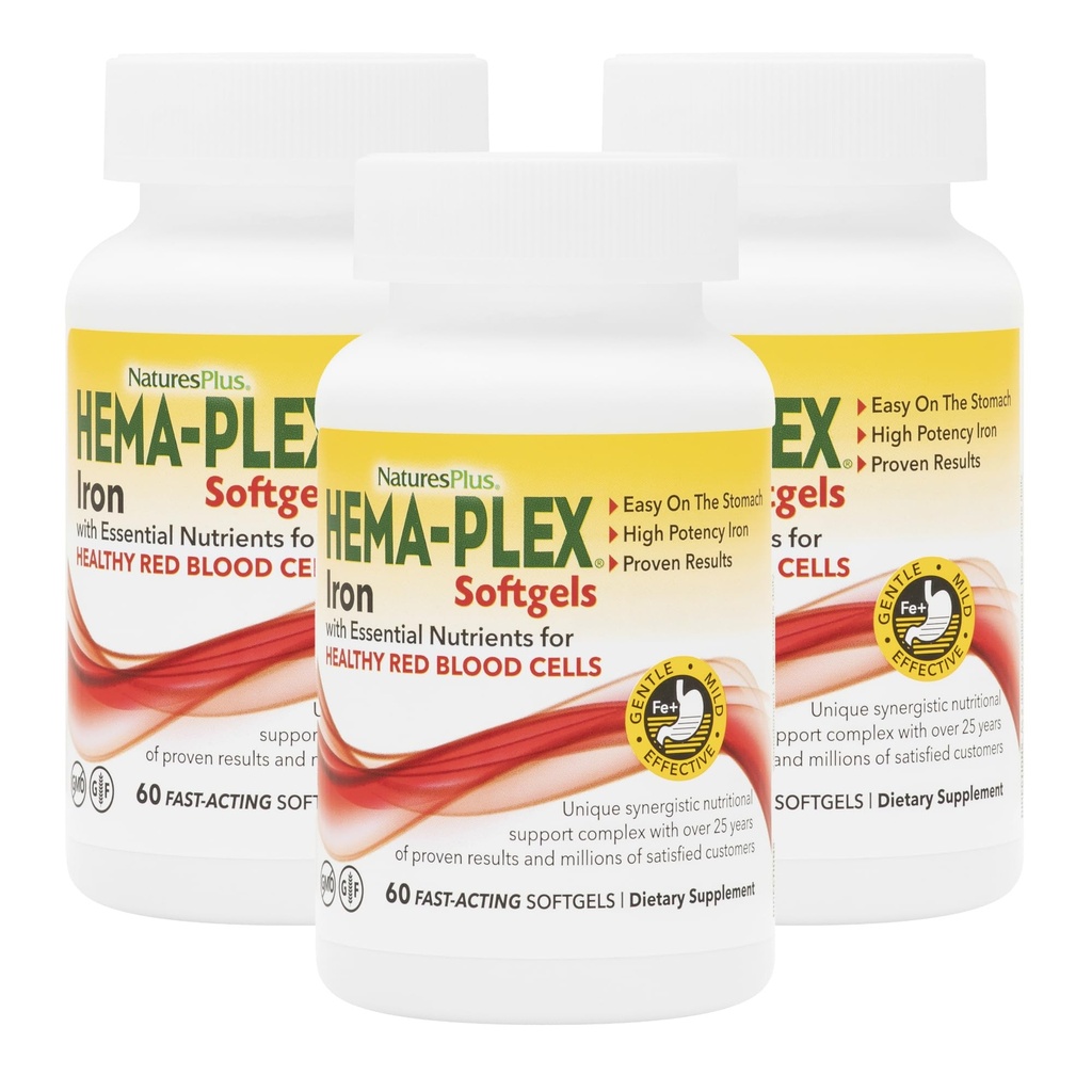 NatusPlus Hema-Plex Iron - 60 快动作软胶 - 3 Pack - 85 mg Iron + Vitamin C & Bioflavonoids 健康红血细胞 - Gluten Free - 60 总功用