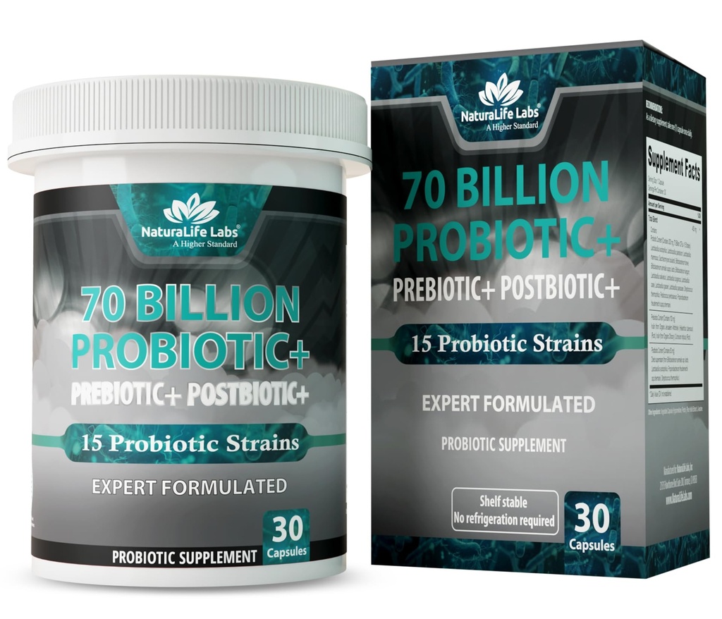 NaturaLife Labs Probiotics 70亿 CPU – 15 Strains 有机先生和后生 – 3-in-1 公式 – 30 Vegan Capsules