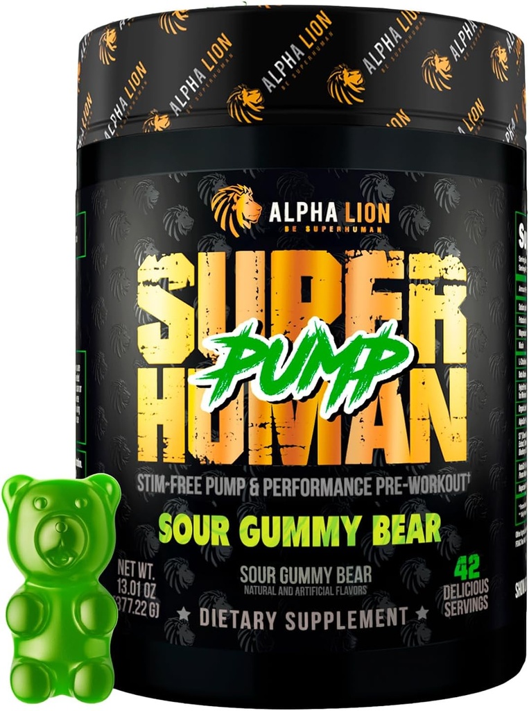 ALPHA LION 超人泵预选工作粉,诺特罗比咖啡因和史蒂姆免费预选工作补充,Nitric Oxide Boster,肌肉增益器,能源与焦点(42种服务,酸奶熊)