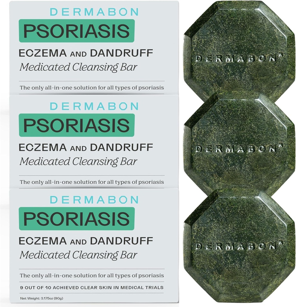 Dermabon 2% 煤炭 Tar Psorias 身体洗涤和 Eczema 酒吧肥皂(3 Pack) → 控制并重置 Psorias , Eczema, Dermatitis, 和 Dandruff → 活动成份 煤炭 Tar 身体洗涤