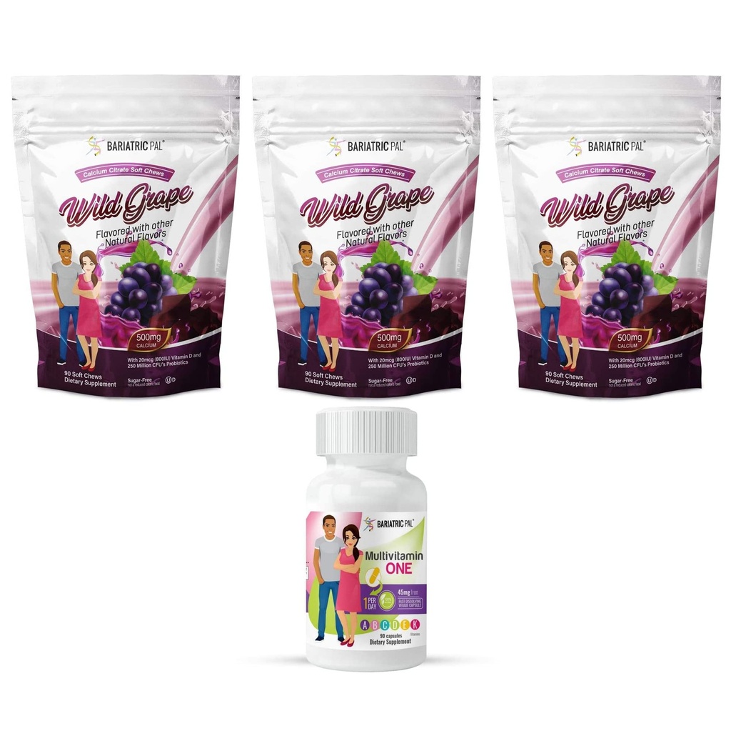 BariatricPal 90天Bariatric Vitamin Bundle(多维他命一日一号)! 装有45mg铁和钙的盖子 Citrate Soft Chews 500mg 配有Probiotics - 野葡萄)