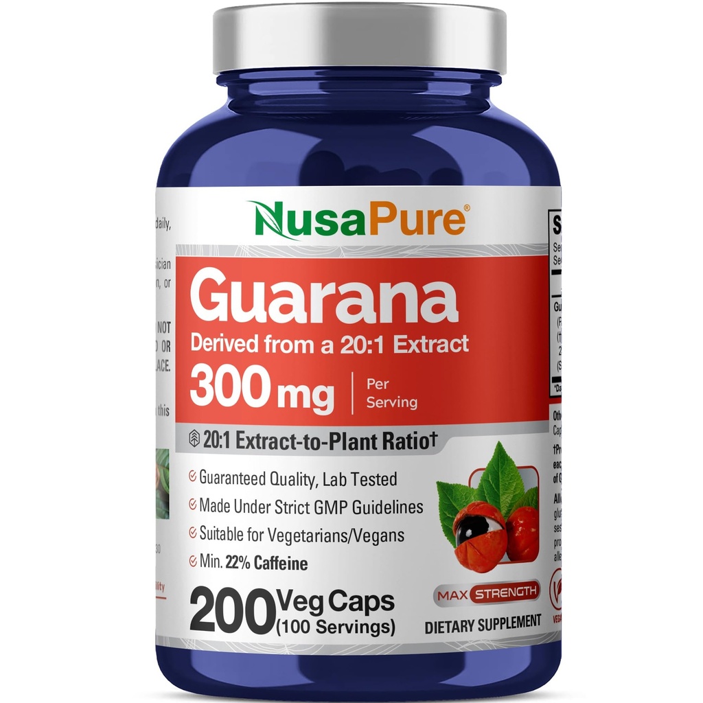 NusaPure Guarana 摘录 20:1 摘录,每瓶Vegie Caps 200 Count(非GMO, Vegan)300毫克至6,000毫克