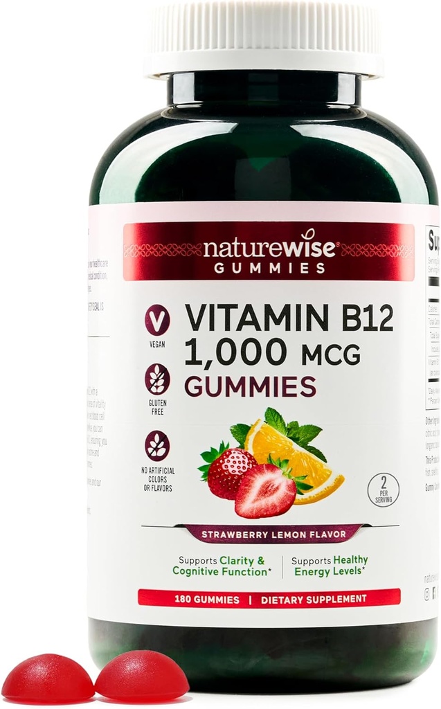 NatureWise Vitamin B12 Gummys for Adults, 1000 mcg - 草莓柠檬火焰 - 支持每日能源,精神清晰度,认知功能 - Vegan, Gluten - Free, Non-GMO - 180 Count [3-Month Supplement] (英语).