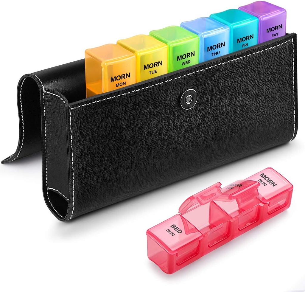 Sukuos周刊药丸组织者 4 Times aday with PU Leather case,大型7天药丸盒(午前夜床),每日维生素/鱼油/补充剂药丸案