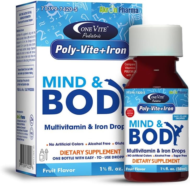 Poly-Vite+Iron 多维特敏铁滴给婴儿和托德勒斯 – 支持强成长,大脑发育,免疫健康 – 没有人工颜色,无胶质,50mL 滴水瓶由一维特