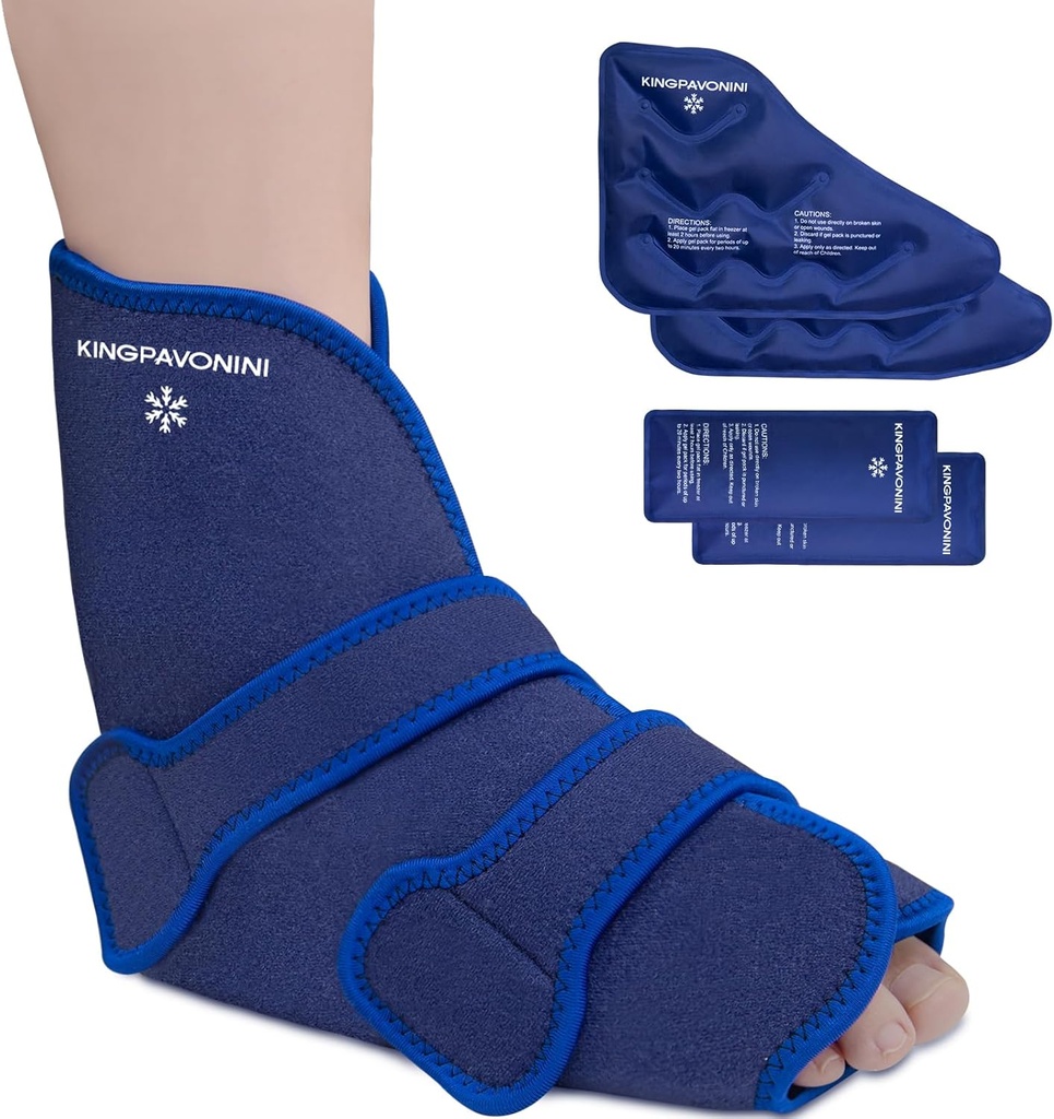 King Pavonini Ankle Foot 冰包,用于破损的Ankle和外科复苏、脚部损伤的可重复使用的Gel冰包、Plantar Fasciitis、Achilles Tendonitis、Hot/Cold治疗(1卷+4胶包)