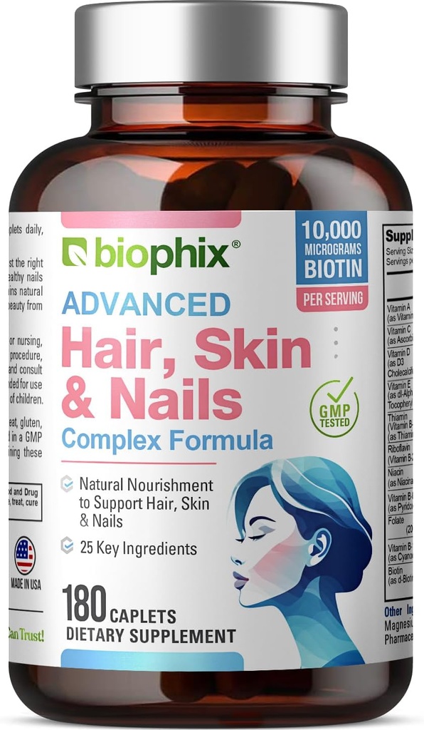 Biophix 毛皮和钉子综合体 180 卡普列斯 10 000 mcg Biotin - 多维塔明 支持坚固的钉子 美丽的头发健康老化