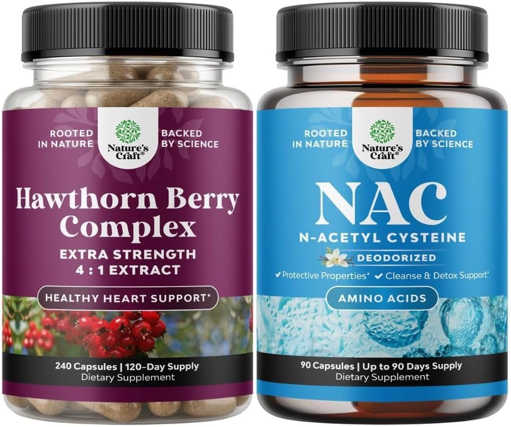 高强度Hawthorn Berry Capsules 装有叶片和花序摘录 4:1 健康心与文摘和NAC 补充 N-Acetyl Cysteine 600mg - Glutathione Precusor for Liver Cleanse Detox