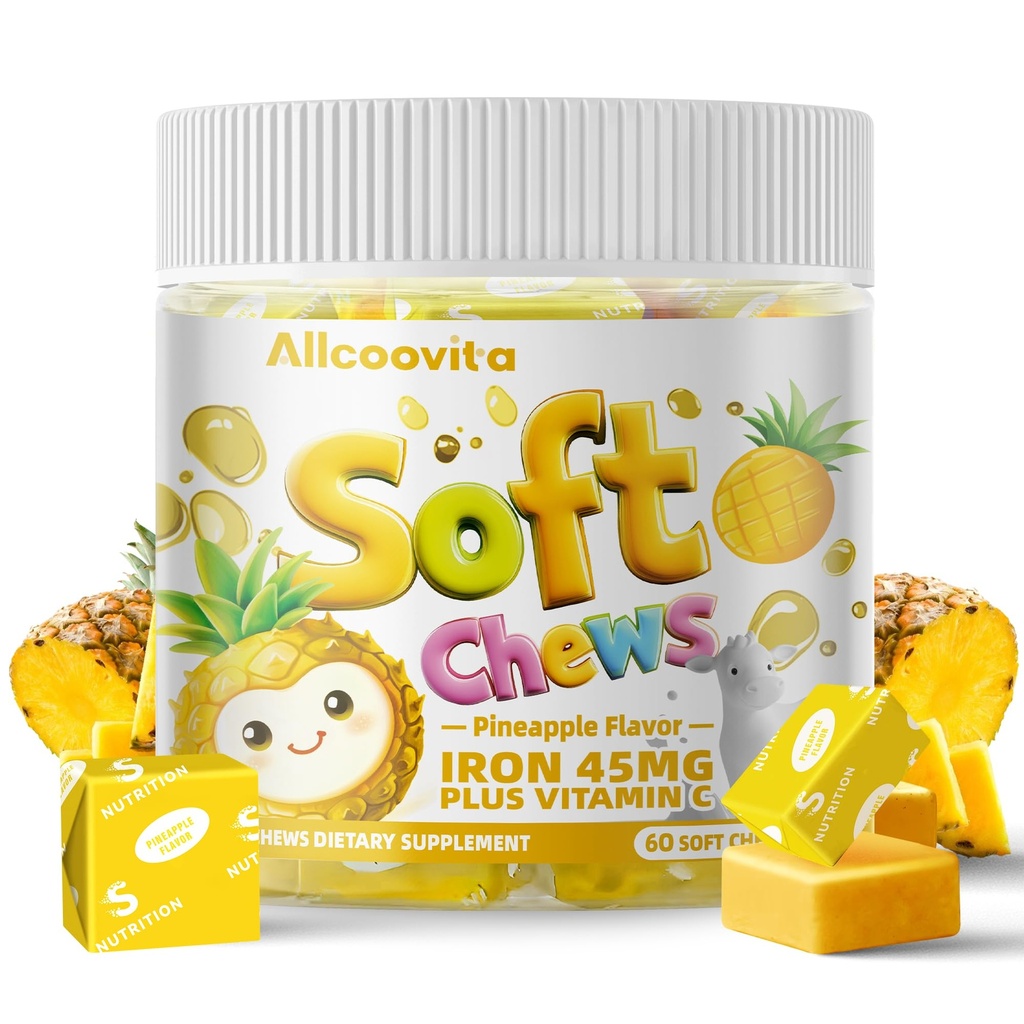 "铁软厨子"配Vitamin C QQ Pineapple Flavored QQ Gluten Free QQ 女性男子和孩子的"铁副"配音60 Counter QQ 2个月供应.