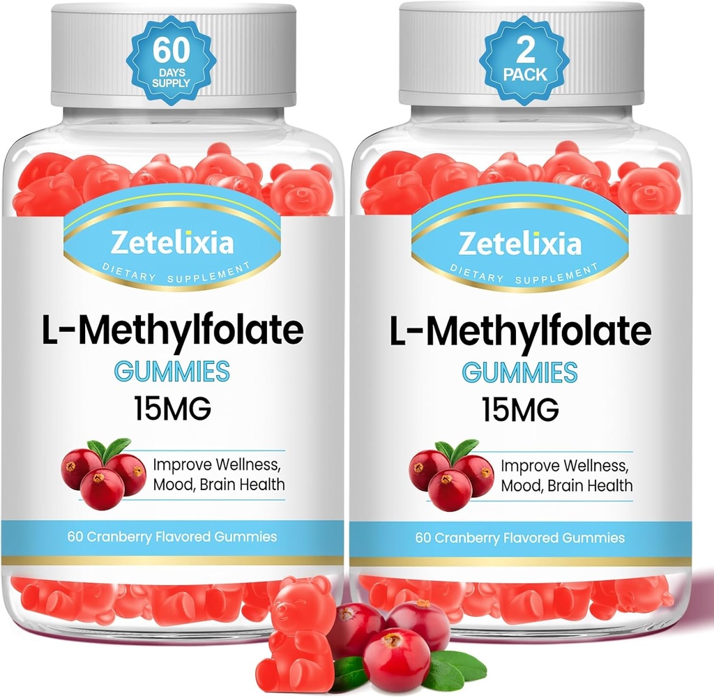 2 Pack L-Methylfolate 15mg & Methy B12 Gummys, 脑健康福拉特补充剂, Mood & 豁免,DNA合成与修复,无糖, Vegan, Cranberry Flavor, 120 Count