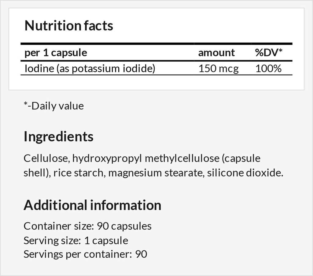 碘化钾每卡普尔150 mcg - 90 Vegan Capsules - 3个月供应 - 用于优化Gland函数和能量代谢 - 阿波罗赫格莫尼的饮食补充