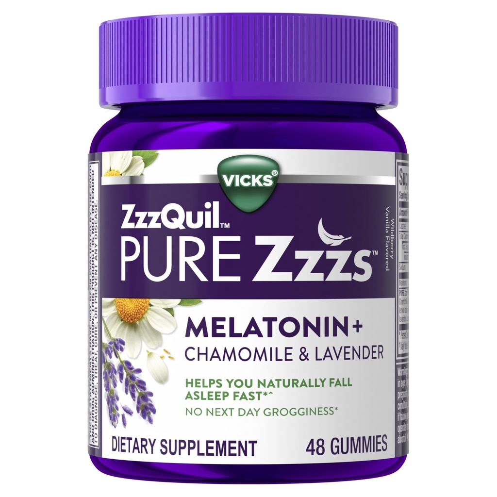 ZzzQuil Pure Zzzs Melatonin Gummys,睡眠援助,Melatonin 2 mg, 配有 Chamomile & Lavender, Melatonin 睡眠Gummys, 成人睡眠援助, 野莓香草火焰, 48 睡眠Gummys