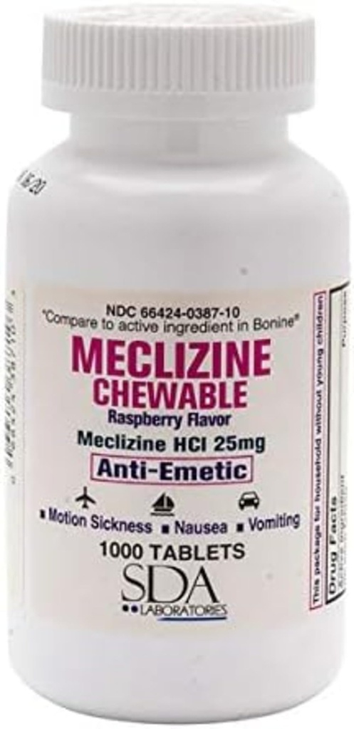 SDA LABORTORIS Meclizine Chewwots, 25mg, 抗象药, Raspberry Flavor, Motion 疾病和迷魂药治疗恶心,头晕,呕吐,1000个数(1包)