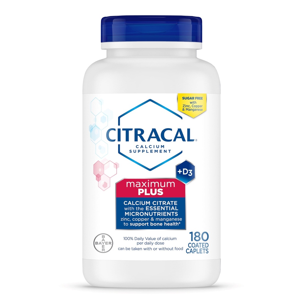 Citracal 最大加钙补充剂 - Calcium Citrate 配有维生素D3,锌,以及骨质健康支持的基本矿物,年龄12岁以上,180个计数(包装5月 Vary)