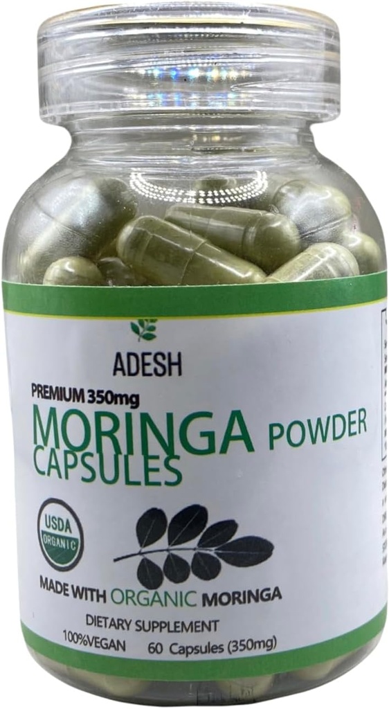 Adesh Moringa 粉末卡普苏莱斯 | Premium Moringa Leaf Supplement | 60ct, 350mg | 天然超食品换能源,代谢和免疫支持 | Vegan,超绿色营养卡普苏莱斯