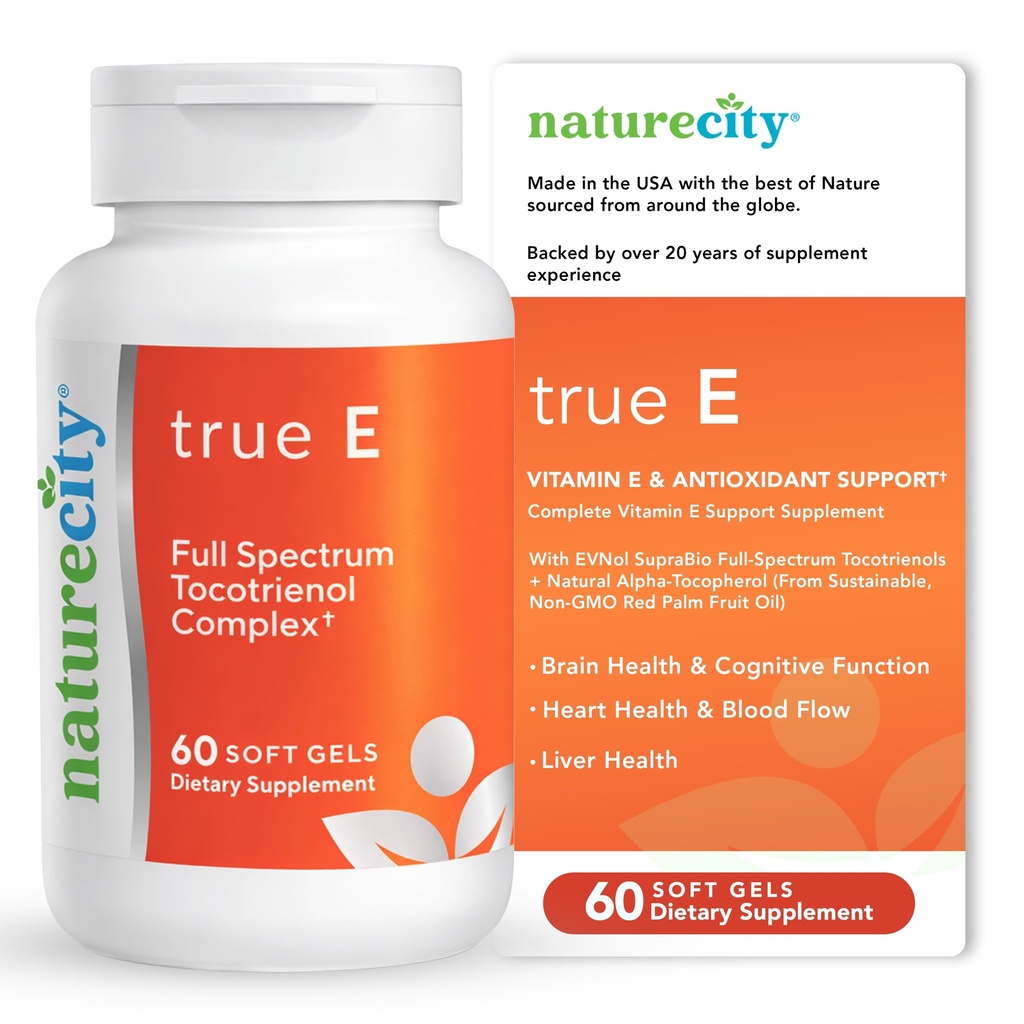 NatureCity True-E Full Spectrum Tocotrienols Vitamin E & Natural Alpha Tocopherol Supplement | Sustainable Vitamin E Tocotrienols from Evnol Suprabio | Non-GMO Vitamin E Complex | 60 Soft gels