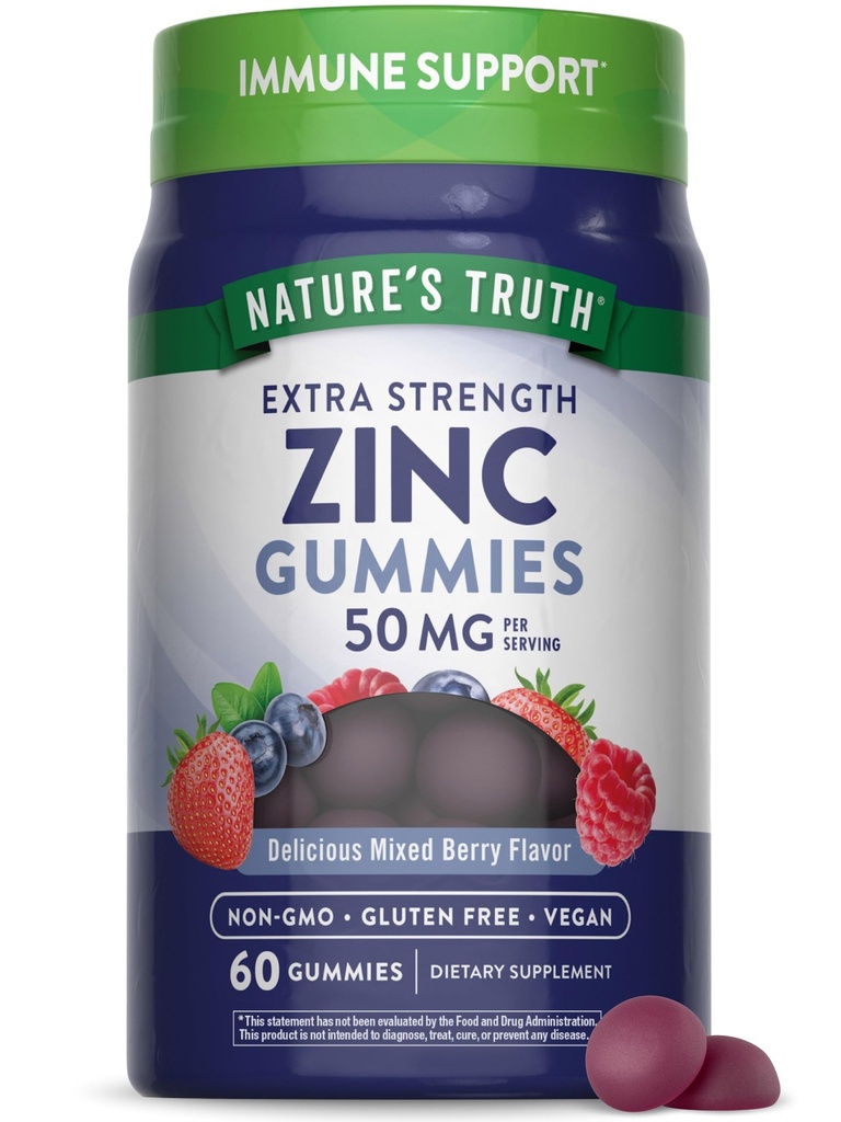 Nature's Truth Zinc Gummys for addors | 50 mg | 60 Count | Vegan, Non-GMO & Gluten Free Extra strong Supplement | 混合贝里火焰