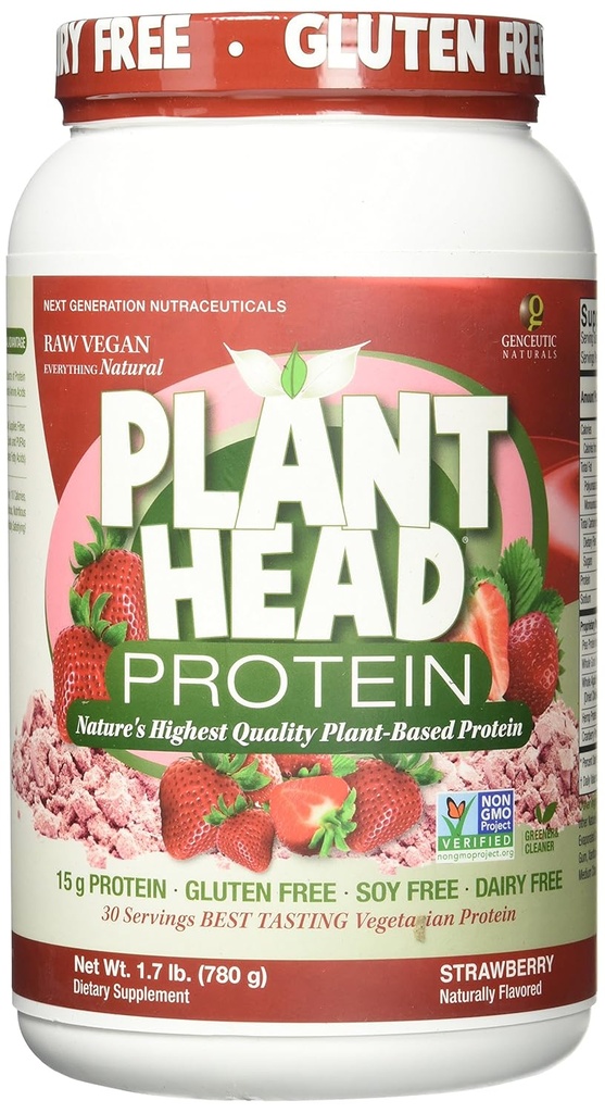 基因自然植物头蛋白 天然裂纹 草莓 草莓 Raw Vegan 植物蛋白 饮食补充 Gluten Soy GMO Free – 30 services (1.8英镑)