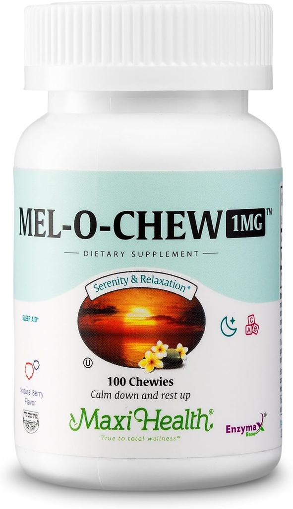 Maxi Health Melatonin 1mg Chewable - 睡眠援助 Melatonin鼓励自然睡眠 - 非哈比特成形补充 Enzymax 快速动作支持 Kosher(100个单位,2-Pack)