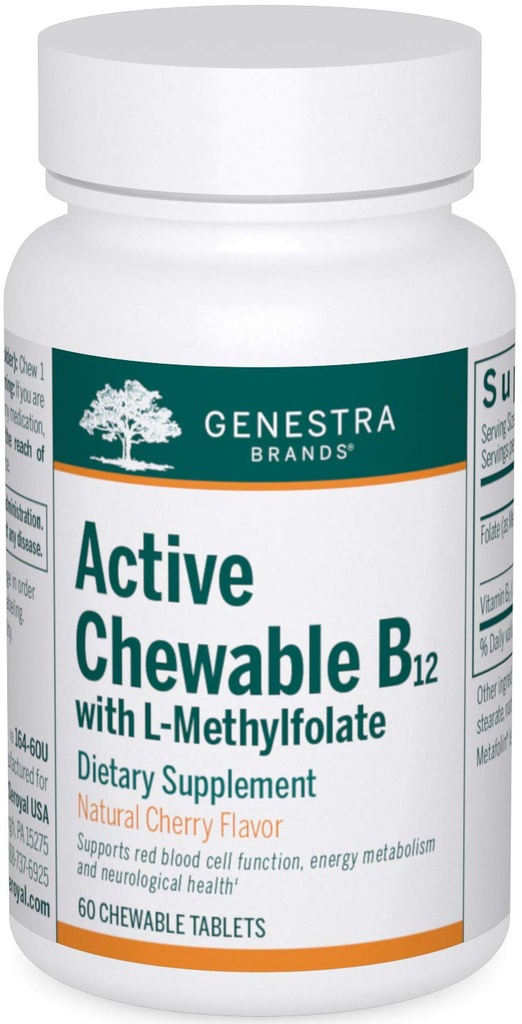 Genestra Brands Active Chewable B12 配有 L-Methylfolate → Chewable Vitamin B12 和 Folate 补充 → 60 Chewblets 天然樱桃火焰